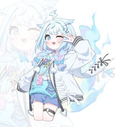 Rule 34 | 1girl, ;d, absurdres, ahoge, animal hood, black choker, blue bow, blue eyes, blue hair, blue shirt, blue shorts, blush, bow, braid, cellphone, chain, chain necklace, choker, cowboy shot, double-parted bangs, hair bow, hair flaps, hair ornament, heart, heart o-ring, highres, hololive, hololive dev is, hood, hooded jacket, jacket, jewelry, lightning ahoge, long hair, looking at viewer, low twin braids, mizumiya su, multicolored hair, necklace, o-ring, o-ring choker, o-ring thigh strap, one eye closed, open mouth, phone, pink streaks, print shirt, rabbit hood, shirt, shorts, smile, solo, streaked hair, thigh strap, torn clothes, torn shirt, twin braids, ugaaaa1, v, virtual youtuber, x hair ornament