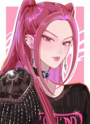 1girl black_choker black_shirt blue_gemstone border brown_eyes chain chain_earrings choker clivenzu extra_eyes gem highres kpop_demon_hunters light_blush looking_at_viewer mira_(kpop_demon_hunters) parted_bangs pink_background pink_hair portrait print_shirt shirt single_shoulder_pad smile twintails upper_body white_border