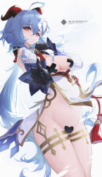 1girl absurdres ahoge bell black_gloves blue_hair blush breasts cameltoe covered_erect_nipples detached_sleeves dress ganyu_(genshin_impact) genshin_impact gloves heart_maebari highres holding holding_panties holding_underwear holding_unworn_clothes horns jewelry l_ract large_breasts long_hair looking_at_viewer low_ponytail maebari panties ponytail presenting_removed_panties purple_eyes solo thighlet thighs underwear white_dress