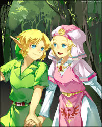 1boy 1girl blonde_hair blue_eyes couple holding_hands hat hetero link lowres muse_(rainforest) navi nintendo pointy_ears princess_zelda the_legend_of_zelda the_legend_of_zelda:_ocarina_of_time young_link young_zelda