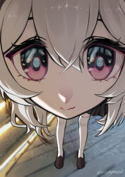 1girl absurdres black_skirt blue_pupils close-up crossed_bangs firefly_(honkai:_star_rail) grey_hair highres honkai:_star_rail honkai_(series) kneehighs looking_at_viewer meme multicolored_eyes skirt socks solo two-tone_eyes uningmeow white_socks