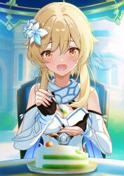 1girl absurdres arm_armor bare_shoulders black_gloves blonde_hair breasts cake cake_slice chair cleavage commentary_request dress feather_hair_ornament feathers fingernails flower food genshin_impact gloves hair_between_eyes hair_flower hair_ornament hands_up highres holding holding_spoon incoming_food looking_at_viewer lumine_(genshin_impact) medium_breasts on_chair open_mouth outdoors partially_fingerless_gloves plate pov_across_table short_hair_with_long_locks sitting solo spoon sunlight suraberu table white_dress yellow_eyes