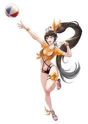 1girl absurdres ankle_ribbon antenna_hair arm_up ball beach_volleyball beachball black_one-piece_swimsuit black_sandals bracelet breasts brown_eyes cecilia_(king&#039;s_raid) cleavage commentary english_commentary flower flower_thigh_strap full_body highres jewelry jumping king&#039;s_raid lagna large_breasts leg_ribbon long_hair navel official_alternate_costume official_art one-piece_swimsuit orange_flower orange_shirt ribbon sandals see-through_clothes see-through_shirt shirt side_ponytail simple_background solo star-shaped_pupils star_(symbol) swimsuit symbol-shaped_pupils tied_shirt very_long_hair white_background