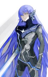 Rule 34 | 1boy, absurdly long hair, black bodysuit, blue hair, bodysuit, closed mouth, commentary request, cowboy shot, eyelashes, highres, long hair, looking to the side, male focus, partially shaded face, protagonist (smtv), samerkgk, shin megami tensei, shin megami tensei v, sideways glance, solo, standing, very long hair, white background, yellow eyes