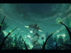 1girl black_hat blush bow bug buttons cloud collared_shirt commentary diamond_button facing_to_the_side fireflies firefly forest frilled_shirt_collar frilled_sleeves frills from_side grass green_eyes green_hair green_skirt hands_up hat hat_bow highres insect komeiji_koishi looking_down meadow nature night night_sky open_hands outdoors parted_lips puffy_short_sleeves puffy_sleeves scenery shirt short_hair short_sleeves skirt sky solo star_(sky) starry_sky tami_(joemanyodw) third_eye touhou tree upper_body yellow_bow yellow_shirt