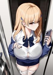1girl absurdres belt black_bra black_nails blonde_hair blue_bow blue_bowtie blue_sweater bow bowtie bra bra_visible_through_clothes breasts buckle button_gap claw_ring cleavage commentary_request cowboy_shot double-parted_bangs ear_piercing earrings expressionless eyelashes foreshortening from_above goddess_of_victory:_nikke hair_between_eyes hair_ornament hairclip heart heart-shaped_buckle heart_belt highres holding holding_phone huge_breasts indoors jewelry long_hair looking_at_viewer mole mole_under_eye multiple_moles multiple_rings orange_eyes phone piercing ring shirt sideways_glance skindentation solo standing sweater tewaki thigh_belt thigh_strap thighhighs thighs tia_(nikke) underwear white_shirt white_thighhighs