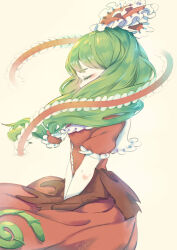 1girl absurdres bow brown_background closed_eyes commentary cowboy_shot dress english_commentary frilled_bow frilled_ribbon frills from_side front_ponytail green_hair hair_bow hair_ribbon highres kagiyama_hina long_hair profile red_bow red_dress red_ribbon ribbon short_sleeves simple_background solo touhou turn_zhuan v_arms