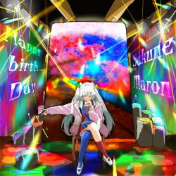 1girl absurdres apron blue_eyes blue_pantyhose brown_apron chair closed_mouth crossed_legs dragon_musume_ni_naritakunai! duel_masters grey_hair hair_ornament hairpin hand_on_own_chin happy_birthday highres holding holding_paintbrush jacket long_hair multicolored_eyes on_chair open_clothes open_jacket outstretched_arm paint_can paint_on_clothes paint_stains paintbrush painting_(object) pantyhose pink_jacket red_thighhighs shirt shoes single_leg_pantyhose sitting skirt smile solo stage_lights sukune_maron thighhighs tomin_(tomin0222) twintails very_long_hair white_shirt white_shoes