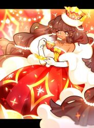 Rule 34 | 1girl, alternate skin color, artist request, award ribbon, bare shoulders, beads, blush, brown eyes, brown hair, cape, cocoa cookie, cocoa cookie (enchanted waltz), cookie run, cookie run: ovenbreak, cup, cup on head, dress, fur cape, gloves, hair beads, hair ornament, hat, humanization, non-web source, official alternate costume, red dress, red hat, source request, standing, tilted headwear