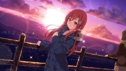 22/7 22/7_ongaku_no_jikan 2girls blue_jacket blurry blush cloud cowboy_shot depth_of_field dutch_angle flower game_cg hair_flower hair_ornament highres jacket lens_flare long_hair looking_at_viewer multiple_girls non-web_source ocean official_art outdoors parted_lips railing red_eyes red_hair sato_reika sidelocks sky solo_focus sparkle straight_hair sunrise white_flower wooden_railing