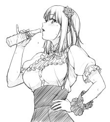 10s 1girl bottle breasts dagashi_kashi drinking female_focus frilled_shirt frills greyscale hairband hand_on_own_hip high-waist_skirt highres large_breasts monochrome nigou shidare_hotaru shirt short_hair simple_background skirt solo suspender_skirt suspenders