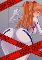 1girl against_wall artist_name ass bacillus bent_over blue_eyes blush bodysuit breasts come_hither covered_erect_nipples evangelion:_3.0+1.0_thrice_upon_a_time half-closed_eyes highres huge_ass in_heat large_breasts legs long_hair looking_at_viewer looking_back moaning neon_genesis_evangelion orange_hair rebuild_of_evangelion see-through_clothes shiny_clothes sideboob solo souryuu_asuka_langley thighs tongue tongue_out white_bodysuit wide_hips