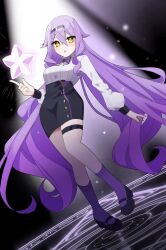 1girl black_hairband black_shoes black_skirt black_sleeve_cuffs bow bowtie commentary full_body h2o_omizu hairband high-waist_skirt highres honkai_(series) honkai_impact_3rd long_hair mary_janes object_floating_above_hand open_mouth pencil_skirt purple_bow purple_bowtie purple_hair purple_socks shirt shoes sirin sirin_(magic_academy_uniform) sirin_(miracle_magical_girl) skirt socks solo star_(symbol) thigh_strap very_long_hair white_shirt yellow_eyes