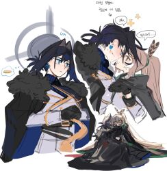 2girls ahoge alternate_costume black_cape black_gloves blue_hair bow bow_earrings brown_capelet brown_cloak brown_eyes brown_hair cape capelet cloak coat crossed_bangs earrings english_text eus_ing feather_hair_ornament feathers fur_trim gloves hair_intakes hair_ornament hairclip halo highres holding_hands hololive hololive_english hug jewelry korean_text long_hair mechanical_halo military_uniform multicolored_hair multiple_girls nanashi_mumei ouro_kronii peacoat ponytail ribbon short_hair speech_bubble streaked_hair sweat very_long_hair virtual_youtuber white_coat