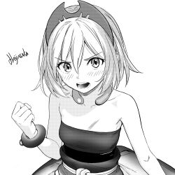 1girl absurdres blush bracelet clenched_hand collarbone commentary_request greyscale hair_between_eyes hairband hand_up highres irida_(pokemon) jewelry monochrome neck_ring nintendo open_mouth pokemon pokemon_legends:_arceus sash shirt short_hair signature simple_background solo strapless strapless_shirt teeth x3hayasakaaa