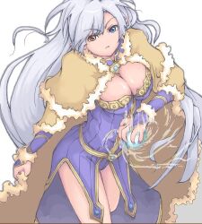 1girl 2000s_(style) blue_eyes breasts brown_cape cape cleavage commentary_request cowboy_shot dress fur-trimmed_cape fur_trim gold_trim grey_hair heterochromia hutene large_breasts long_hair looking_at_viewer lowres magic open_mouth orange_eyes pointy_ears purple_dress ragnarok_online short_dress simple_background solo white_background wizard_(ragnarok_online)
