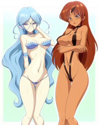 Rule 34 | 2girls, absurdres, arm under breasts, armlet, asaricurry, bikini, bishoujo senshi sailor moon, bishoujo senshi sailor moon stars, black one-piece swimsuit, black slingshot swimsuit, blue background, blue bikini, blue eyes, blue hair, breasts, cameltoe, cleavage, commission, covered erect nipples, dark-skinned female, dark skin, earrings, embarrassed, fins, frilled bikini, frills, gradient background, halterneck, head fins, highres, jewelry, large breasts, lipstick, long hair, looking at viewer, makeup, micro bikini, multiple girls, navel, one-piece swimsuit, open mouth, outside border, parted bangs, pixiv commission, polka dot, polka dot bikini, red eyes, red hair, sailor aluminum seiren, sailor lead crow, simple background, slingshot swimsuit, smile, star (symbol), star earrings, strapless, strapless bikini, string bikini, sweatdrop, swimsuit, very long hair, wavy hair, white background, yuri