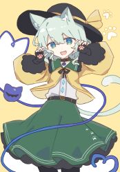 1girl :d adapted_costume animal_ear_fluff animal_ears belt belt_buckle belt_collar black_belt black_choker black_gloves black_hat black_pantyhose buckle buttons cardigan cat_ears cat_girl cat_tail chinese_commentary choker collar commentary_request cowboy_shot diamond_button fang fingerless_gloves frilled_shirt_collar frilled_skirt frilled_sleeves frills gloves green_eyes green_hair green_skirt hair_between_eyes hat hat_ribbon heart heart_of_string highres kemonomimi_mode komeiji_koishi light_blush long_sleeves looking_at_viewer open_mouth pantyhose paw_buckle paw_print print_gloves puffy_long_sleeves puffy_sleeves ribbon shirt simple_background skin_fang skirt smile solo standing tail third_eye touhou white_shirt wusem0108 yellow_background yellow_cardigan yellow_ribbon