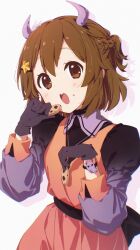 1girl :o black_gloves blush brown_hair commentary commentary_request cookie cowboy_shot crumbs english_commentary food gloves halloween highres hirasawa_yui holding holding_cookie holding_food horns k-on! long_sleeves looking_at_viewer mixed-language_commentary open_mouth orange_shorts purple_horns purple_shirt shirt short_hair shorts simple_background solo twitter_username uta_25 white_background