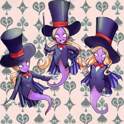 Rule 34 | 3girls, blonde hair, bow, bowtie, byte (grunty-hag1), colored skin, ghost tail, ginny (luigi&#039;s mansion), gloves, hand on own hip, hat, holding, holding wand, lindsey (luigi&#039;s mansion), looking at viewer, luigi&#039;s mansion, luigi&#039;s mansion 3, mario (series), multiple girls, nikki (luigi&#039;s mansion), nintendo, open mouth, ponytail, purple skin, red bow, red bowtie, short twintails, top hat, triplets, twintails, wand, white eyes, white gloves