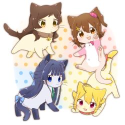 Rule 34 | :3, ahoge, animal, animal collar, animal focus, animalization, black hair, blonde hair, blue bow, blue eyes, bow, brown cat, brown collar, brown eyes, brown fur, brown hair, cat, closed mouth, collar, dot mouth, dot nose, green ribbon, grey cat, grey fur, hair flaps, hair ornament, hair scrunchie, half updo, hutaba, ibuki tsubasa, idolmaster, idolmaster million live!, kasuga mirai, kitazawa shiho, long hair, looking at viewer, mogami shizuka, neck ribbon, no humans, one side up, open mouth, pink eyes, pink scrunchie, red collar, ribbon, scrunchie, short hair, smile, tail, tail bow, tail ornament, x hair ornament, yellow cat, yellow fur