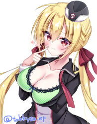 Rule 34 | 1girl, :3, absurdres, ahoge, arihara nanami, arm under breasts, artist name, black dress, black hat, blonde hair, blue bow, blush, bow, bow bra, bra, braid, breasts, cleavage, collarbone, commentary request, dress, eyes visible through hair, garrison cap, green bra, hair between eyes, hair bow, hair ribbon, hand up, hat, heart, highres, index finger raised, lace, lace-trimmed bra, lace trim, large breasts, licking lips, long hair, looking at viewer, low twintails, naughty face, necktie, polka dot, polka dot bra, red bow, red eyes, red necktie, red ribbon, ribbon, riddle joker, seductive smile, side braid, simple background, smile, solo, takkyan, tongue, tongue out, twintails, twitter username, underwear, undone necktie, upper body, variant set, very long hair, white background
