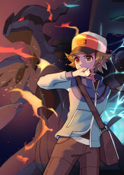 1boy absurdres baseball_cap blue_jacket brown_eyes brown_hair colored_sclera cowboy_shot dragon electricity gen_5_pokemon hat highres hilbert_(pokemon) holding holding_poke_ball jacket legendary_pokemon male_focus nintendo poke_ball poke_ball_(basic) pokemon pokemon_(creature) pokemon_bw red_sclera shima_koushi wings zekrom