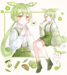 Rule 34 | 1girl, ankle boots, blush, boots, cake, cardigan, commentary request, creature, cup, dango, disposable cup, flower, food, green boots, green cardigan, green flower, green hair, green shorts, green suspenders, heart, holding, holding food, long sleeves, multiple views, neck ribbon, orange eyes, own hands together, pea pod, pink ribbon, puffy long sleeves, puffy shorts, puffy sleeves, ribbon, shirt, shorts, spoken heart, suspender shorts, suspenders, swiss roll, tententuyu, twitter username, utau, voiceroid, voicevox, wagashi, white shirt, zundamon, zundamon (utau)