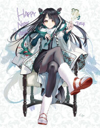 1girl 2024 black_hair black_pantyhose chair crossed_legs dragon happy_new_year highres new_year original pantyhose tiv