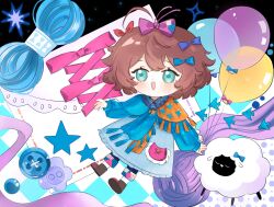 1girl :d ankle_boots balloon blue_bow blue_dress blue_eyes blue_pants blue_scarf boots bow brown_boots brown_hair buttons chao_zhuanye_de_tiyu_laoshi chibi dress flutterpage full_body hair_bow highres holding holding_balloon long_dress multiple_hair_bows open_mouth orange_scarf pants pants_under_dress purple_bow reverse:1999 scarf sheep short_hair smile solo sparkle star_(symbol) two-tone_scarf yarn yarn_ball