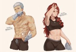 Rule 34 | 1boy, 1girl, bottle, cropped legs, drill hair, grey hair, hand in own hair, hand on own head, hand wraps, kirijou mitsuru, muscular, muscular male, navel, persona, persona 3, persona 4: the ultimate in mayonaka arena, red hair, sanada akihiko, scar, scar on chest, soc nau, sports bra, stomach, sweat, toned, toned female, towel, water bottle, wiping mouth