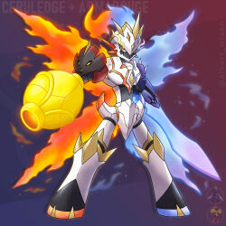 albrt-wlson armarouge cannon ceruledge digimon fire fusion highres nintendo omegamon pokemon red_eyes sword weapon