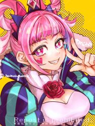 Rule 34 | 1girl, blunt bangs, breasts, cleavage, facial mark, fire emblem, fire emblem engage, hair rings, heart, heart facial mark, hortensia (fire emblem), juliet sleeves, long sleeves, looking at viewer, medium breasts, momongame 17, nintendo, pink eyes, pink hair, puffy sleeves, short hair, smile, solo, teeth, twitter username, upper body, w