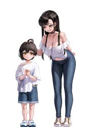 age_difference ahoge black_hair breasts brother_and_sister brown_eyes cleavage closed_mouth denim ear_piercing earrings hand_on_another&#039;s_head highres jeans jewelry large_breasts leaning_forward letdie1414 long_hair looking_at_another navel onee-shota original pants piercing short_hair shorts siblings smile white_background