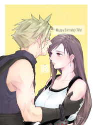 ! 1boy 1girl absurdres bare_shoulders birthday black_gloves black_hair blonde_hair blush border breasts brown_hair character_name cloud_strife crop_top earrings final_fantasy final_fantasy_vii final_fantasy_vii_remake gloves hair_behind_ear hands_on_another&#039;s_arms happy_birthday highres jewelry long_hair looking_at_another medium_breasts mixed-language_commentary oqm_ohc outside_border profile red_eyes short_hair single_earring sleeveless sleeveless_turtleneck spiked_hair suspenders sweater tank_top three_quarter_view tifa_lockhart turtleneck turtleneck_sweater upper_body white_border white_tank_top yellow_background