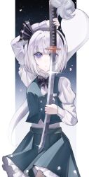 Rule 34 | 1girl, 2teaq, absurdres, black bow, black bowtie, black hairband, black ribbon, blue eyes, bow, bowtie, cowboy shot, falling petals, ghost print, gradient background, green skirt, green vest, grey background, hair ribbon, hairband, highres, holding, holding sword, holding weapon, juliet sleeves, katana, konpaku youmu, konpaku youmu (ghost), light blush, light frown, long sleeves, medium hair, petals, pillarboxed, pink petals, puffy sleeves, ribbon, shirt, skirt, solo, sword, touhou, vest, weapon, white hair, white shirt