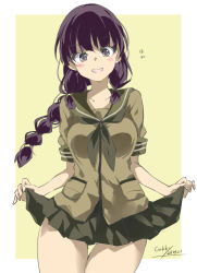 1girl black_hair black_neckerchief blunt_bangs border braid gakky green_sailor_collar green_serafuku green_shirt green_skirt highres kantai_collection kitakami_(kancolle) long_hair looking_at_viewer neckerchief one-hour_drawing_challenge purple_eyes sailor_collar sailor_shirt school_uniform serafuku shirt single_braid skirt skirt_hold solo standing thigh_gap two-tone_background white_border yellow_background