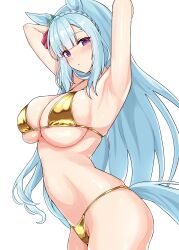 1girl absurdres animal_ears armpits bikini blue_hair breasts cleavage commentary_request gold_bikini highres horse_ears horse_tail large_breasts long_hair looking_at_viewer mejiro_ardan_(umamusume) raindrop746079 simple_background solo swimsuit tail umamusume underboob white_background
