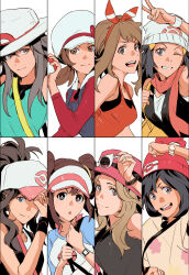 6+girls :d absurdres arm_up beanie black_hair black_shirt black_vest bow_hairband bracelet brown_eyes brown_hair closed_mouth commentary_request dawn_(pokemon) double_bun grin hair_bun hairband hat highres hilda_(pokemon) holding_strap jewelry korean_commentary leaf_(pokemon) long_hair lyra_(pokemon) may_(pokemon) multiple_girls nintendo one_eye_closed open_mouth pink_hat pokemon pokemon_bw pokemon_bw2 pokemon_dppt pokemon_frlg pokemon_hgss pokemon_oras pokemon_sm pokemon_xy red_hairband red_hat rosa_(pokemon) sangrokei scarf selene_(pokemon) serena_(pokemon) shirt sidelocks sleeveless sleeveless_shirt smile sunglasses teeth tongue upper_teeth_only v vest visor_cap white-framed_eyewear white_hat wristband yellow_bag z-ring