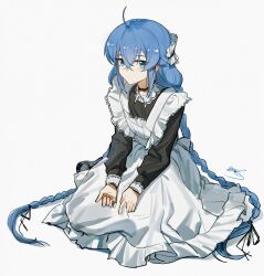 1girl absurdres ahoge apron black_shoes blue_eyes blue_hair blush braid braided_twintails breasts collared_dress crossed_bangs dated dress frilled_apron frills full_body hair_between_eyes highres long_hair long_sleeves looking_at_viewer low_twintails maid maid_apron maid_headdress mushoku_tensei puffy_sleeves roxy_migurdia shoes sideways_glance signature simple_background sitting small_breasts solo twin_braids twintails very_long_hair white_background yisjhui yokozuwari