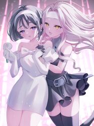 Rule 34 | 2girls, absurdres, alien stage, bare shoulders, belt, black belt, black dress, black gloves, black hair, black thighhighs, bob cut, bow, chest bow, clothing cutout, commentary, dress, dress bow, earrings, english commentary, floating hair, foot up, gloves, hairband, highres, holding, holding hands, holding microphone, interlocked fingers, jewelry, juliet sleeves, long hair, long sleeves, microphone, mizi (alien stage), multiple girls, necklace, njuzu, off-shoulder dress, off shoulder, open mouth, pearl earrings, pink hair, puffy sleeves, purple eyes, short sleeves, shoulder cutout, smile, sphere earrings, sua (alien stage), thighhighs, white bow, white dress, white gloves, white hairband, yellow eyes