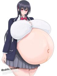 1girl artist_name big_belly black_hair blazer blush bow bowtie breasts bursting_breasts closed_mouth collared_shirt cowboy_shot crossed_bangs hair_between_eyes hair_ornament hairclip highres huge_breasts jacket long_hair looking_at_viewer midriff open_clothes open_jacket original outie_navel pleated_skirt plump pregnant red_eyes school_uniform shirt sidelocks simple_background skirt smile standing thick_thighs thighs very_long_hair white_background wide_hips yukito_hirasaka