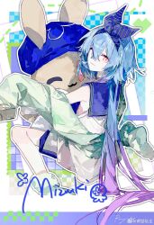 Rule 34 | 1boy, absurdres, alternate costume, arknights, artist name, blue hair, buqiyong, character name, crossed bangs, dated, green jacket, grey eyes, hair between eyes, hair ribbon, highres, jacket, looking at viewer, looking back, male focus, miniso, mizuki (arknights), open clothes, open jacket, ribbon, sailor collar, shirt, short hair with long locks, sitting, sleeveless, sleeveless shirt, smile, solo, stuffed animal, stuffed rabbit, stuffed toy, trap, wariza, white shirt