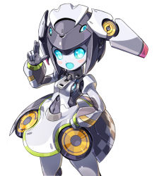 1girl blue_eyes commentary dia_(world_flipper) finger_gun hand_on_own_hip humanoid_robot looking_to_the_side mechanical_skirt metal_skin open_mouth robot solo taedu white_background world_flipper