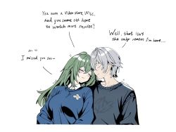 1boy 1girl blue_sweater closed_eyes english_text green_hair grey_sweater hibarakirari highres mole mole_under_eye simple_background smile sweater upper_body venus_(zenless_zone_zero) white_background wise_(zenless_zone_zero) zenless_zone_zero