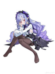 1girl absurdres black_pantyhose blush bow breasts brown_pantyhose closed_mouth dress drill_hair feet frills full_body hair_bow highres large_breasts long_hair long_sleeves looking_at_viewer multicolored_hair no_shoes pantyhose pointy_ears purple_hair red_eyes ribbon shirt sideboob simple_background sitting skirt solo streaked_hair tamago_(eva1314056) twin_drills very_long_hair vivian_(zenless_zone_zero) white_background white_hair white_shirt zenless_zone_zero