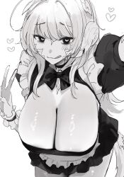 1girl :q au_ra blush bow bowtie breasts cleavage final_fantasy final_fantasy_xiv forward-facing_horns greyscale heart heart-shaped_pupils highres horns huge_breasts leaning_forward looking_at_viewer maid miniskirt monochrome monster_girl nns_ff14 puffy_short_sleeves puffy_sleeves scales selfie short_sleeves simple_background skirt smile solo symbol-shaped_pupils tongue tongue_out v warrior_of_light_(ff14) white_background