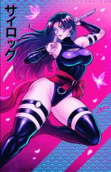 1girl arm_strap artist_name black_hair black_leotard black_thighhighs blue_eyes breasts bug butterfly cherry_blossoms cleavage_cutout clothing_cutout commentary detached_sleeves english_commentary foot_out_of_frame glowing glowing_eyes highres holding holding_sword holding_weapon iahfy insect katana large_breasts leotard long_hair marvel marvel_rivals o-ring o-ring_thigh_strap parted_lips petals psylocke psylocke_(vengeance) sash solo sword thigh_strap thighhighs weapon x-men