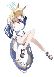 1girl absurdres animal_ear_fluff animal_ears blonde_hair blue_archive blue_eyes blue_halo blue_jacket breasts competition_swimsuit covered_navel dog_ears dog_girl extra_ears full_body hair_over_one_eye halo highleg highleg_one-piece_swimsuit highres innertube jacket kanna_(blue_archive) kanna_(swimsuit)_(blue_archive) large_breasts long_hair looking_at_viewer notched_ear official_alternate_costume one-piece_swimsuit open_clothes open_jacket ponytail sandals simple_background solo swim_ring swimsuit white_background white_one-piece_swimsuit zzyan