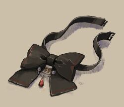 Rule 34 | black bow, black bowtie, bow, bowtie, brown background, commentary request, gem, highres, no humans, object focus, original, pearl (gemstone), red gemstone, shadow, signature, simple background, still life, unworn bowtie, yamabuki (haruirokerria)